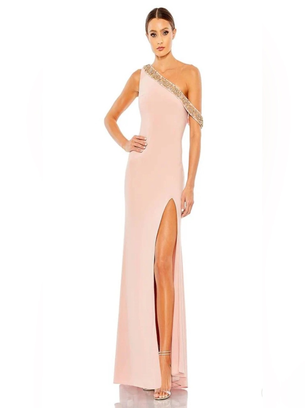 Blush One-Shoulder Evening Gown with Gold Embellished Strap
